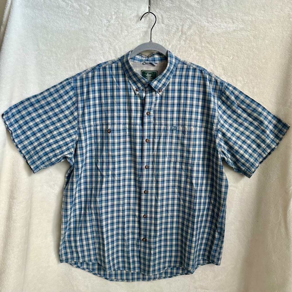 GH Bass Explorer Plaid‎ Short Sleeve Shirt XL Blue Vented Fishing